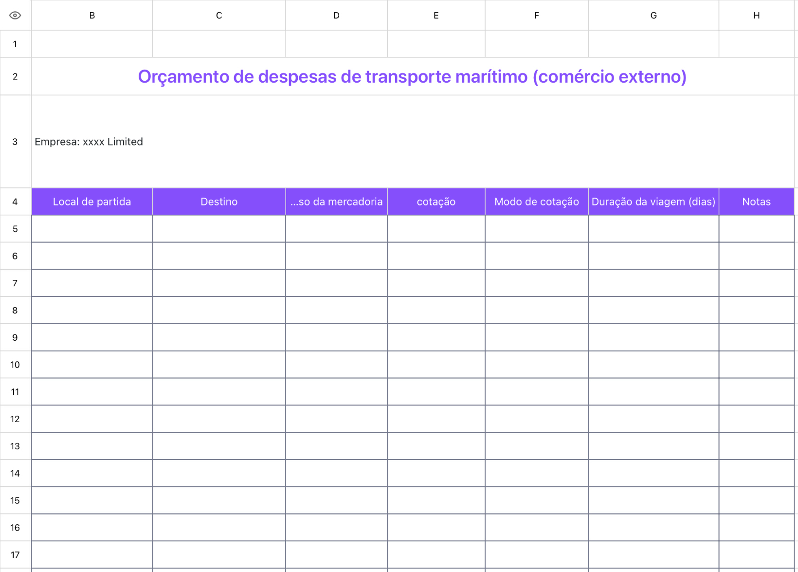 Orçamento de despesas de frete